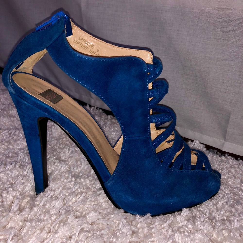 Blue suede NYLA peep toe strappy heels: size 8 - Picture 2 of 4